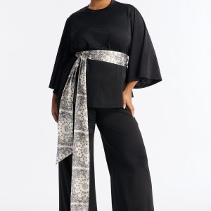 Normani 3 Piece Scarf Belt Pant Set - Black