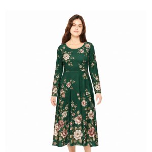 HUSTLE HONEY Women’s Floral Cotton Fit & Flare Dress – Elegant Green Print